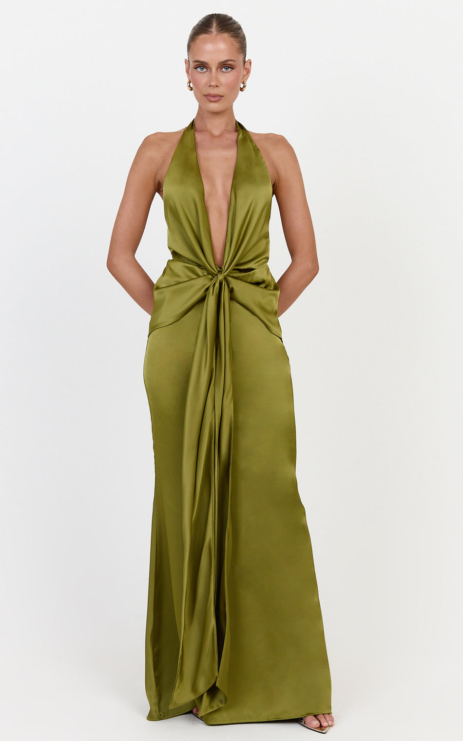 Raven Maxi Dress Deep V Neck Tie Front Satin Dress in Olive