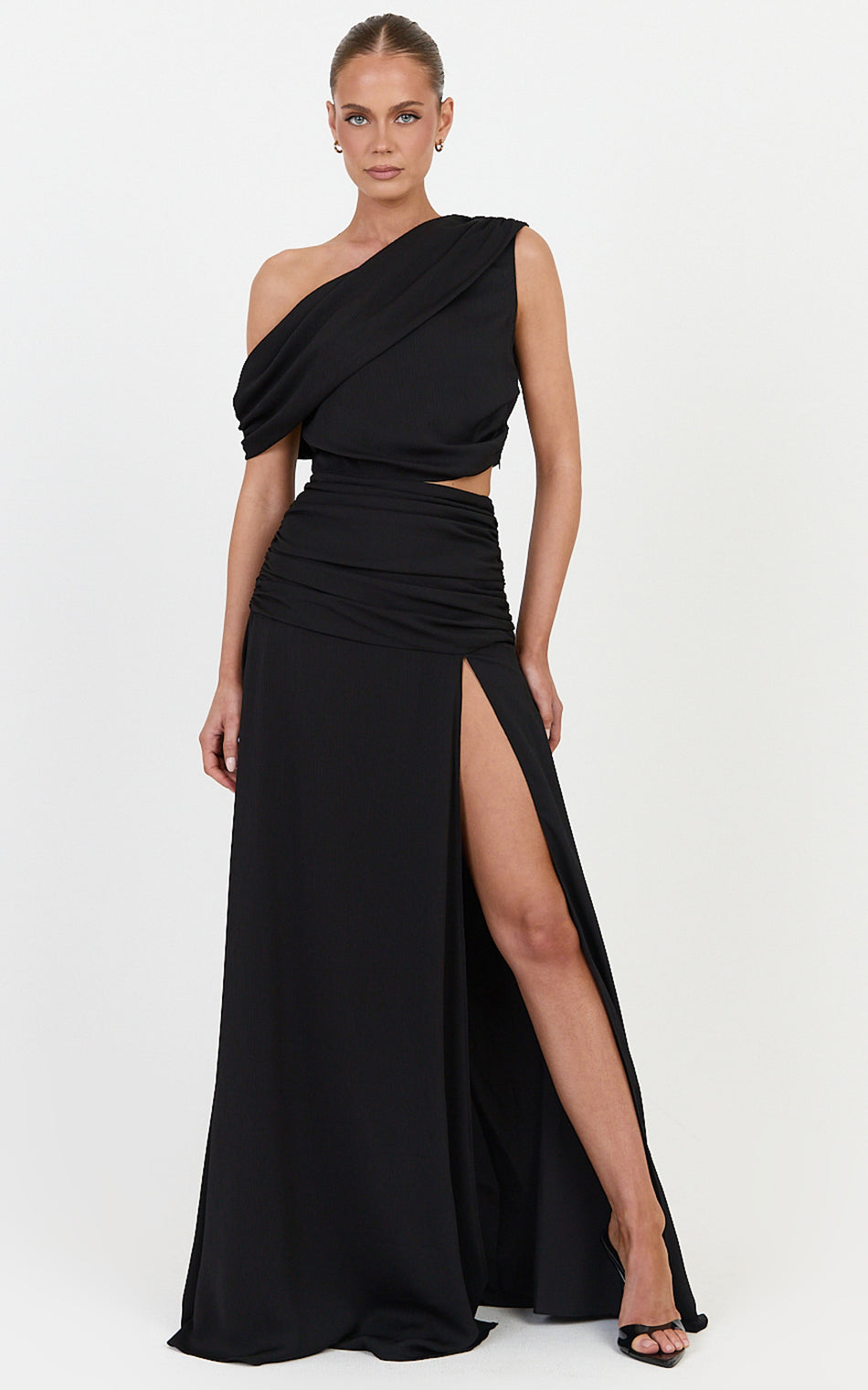 Ayla Two Piece Set Draped Off Shoulder Top And Maxi Skirt Set in Black