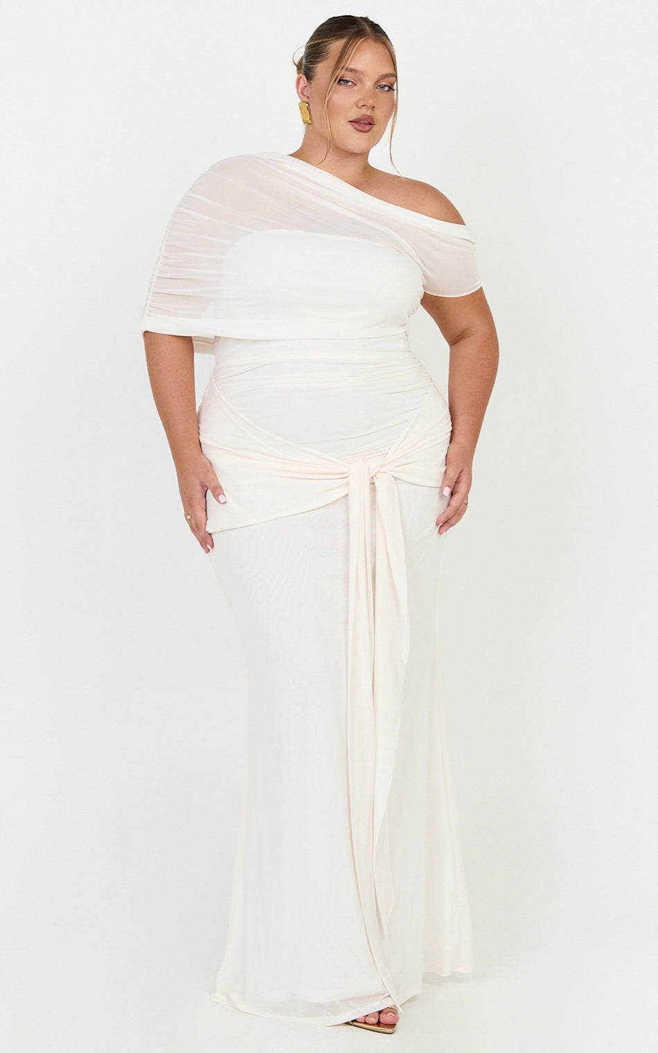 Nicolette Maxi Dress Cape Sleeve Off Shoulder Dress in Cream