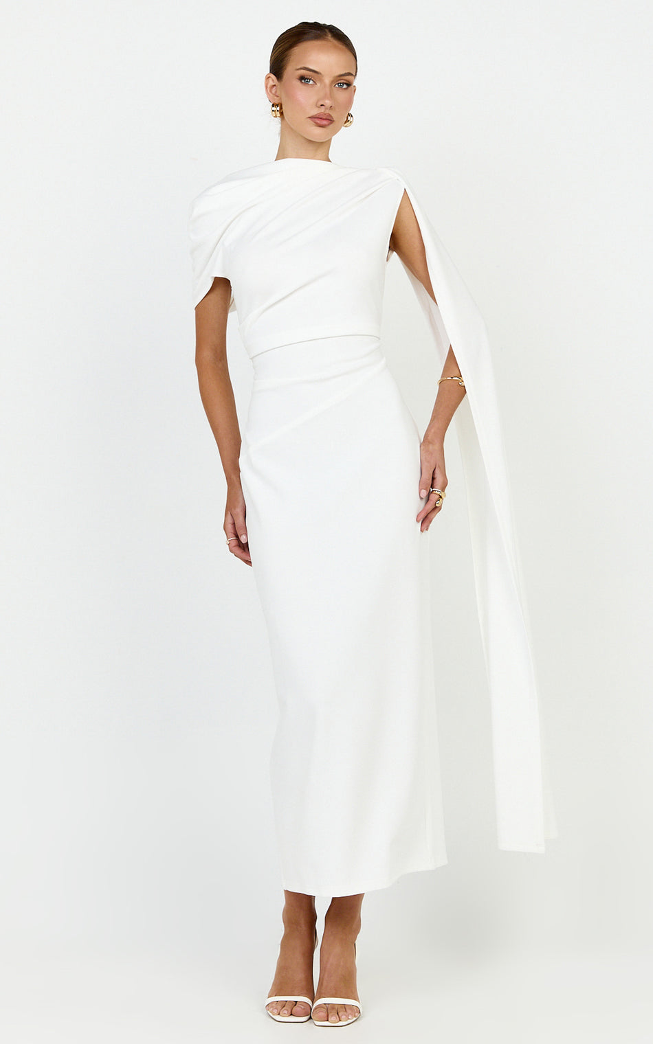 Visenta Midi Dress Asymmetrical Sleeve Dress in White