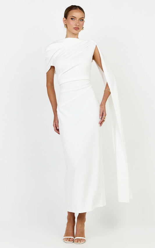 Visenta Midi Dress Asymmetrical Sleeve Dress in White
