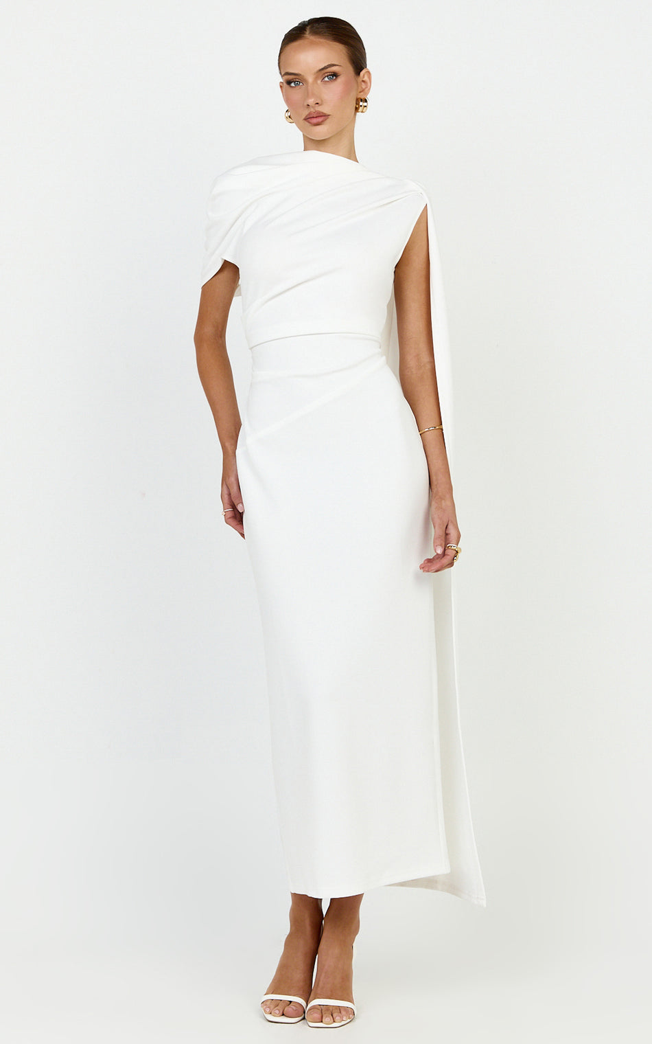 Visenta Midi Dress Asymmetrical Sleeve Dress in White