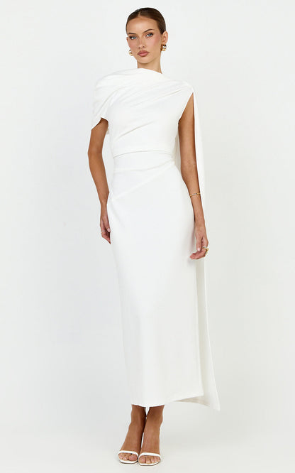Visenta Midi Dress Asymmetrical Sleeve Dress in White