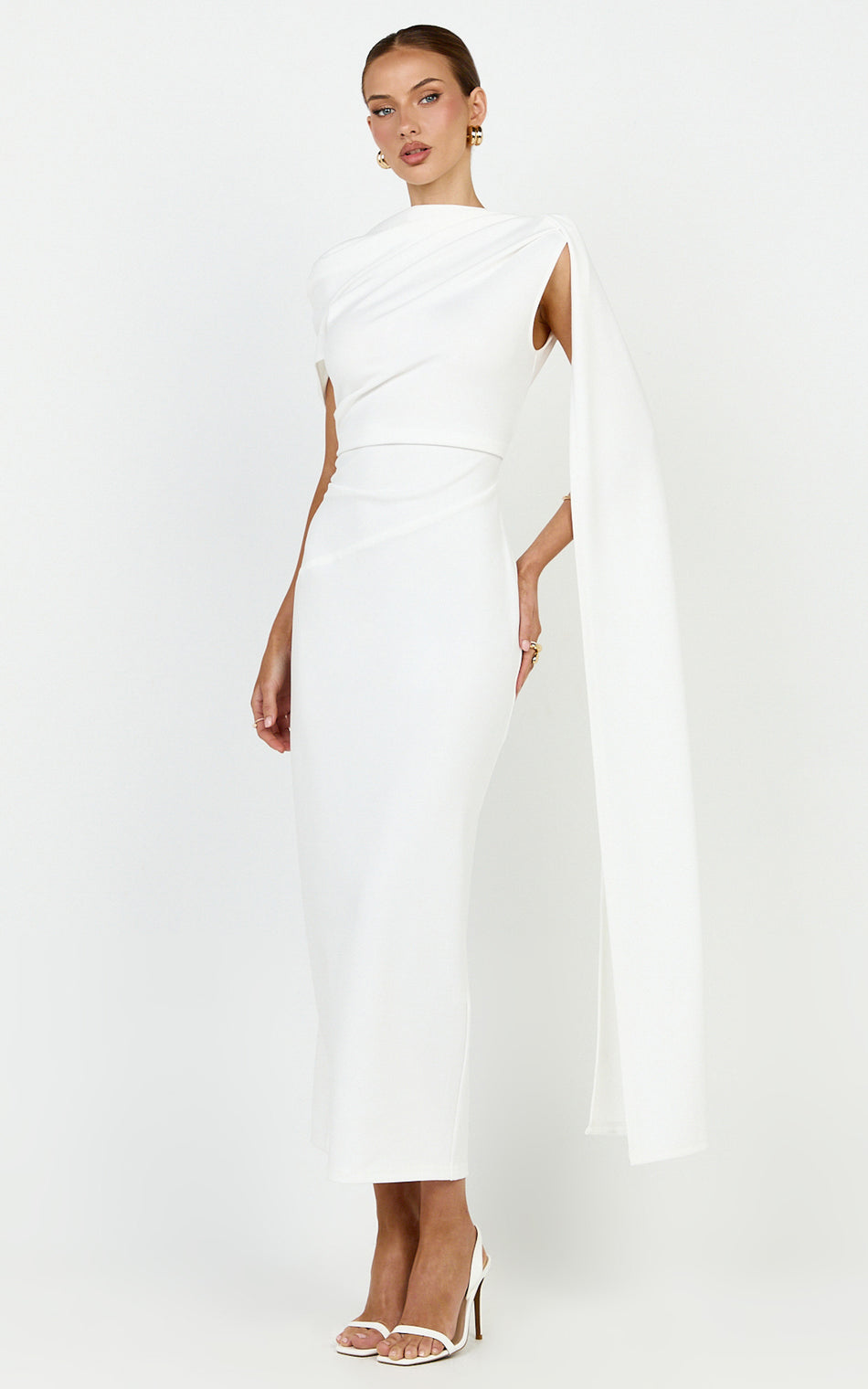 Visenta Midi Dress Asymmetrical Sleeve Dress in White