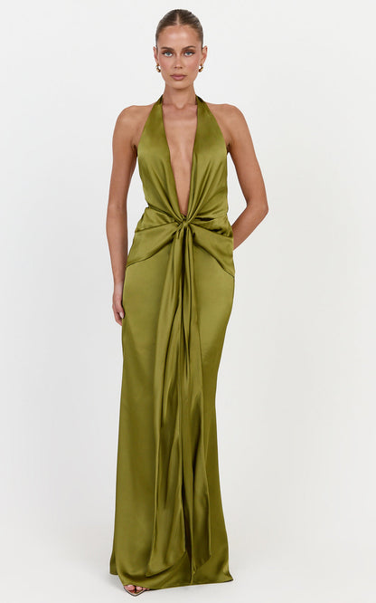 Raven Maxi Dress Deep V Neck Tie Front Satin Dress in Olive