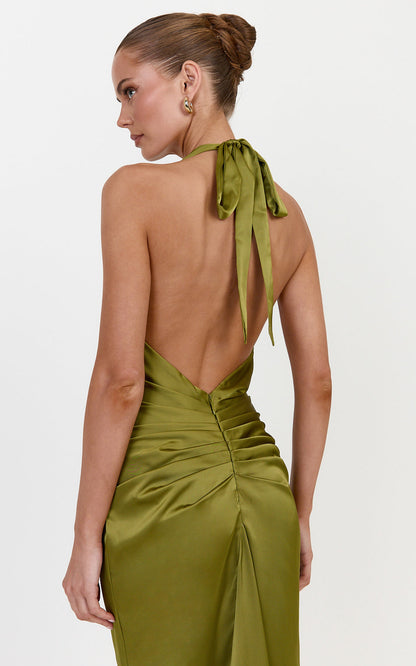 Raven Maxi Dress Deep V Neck Tie Front Satin Dress in Olive