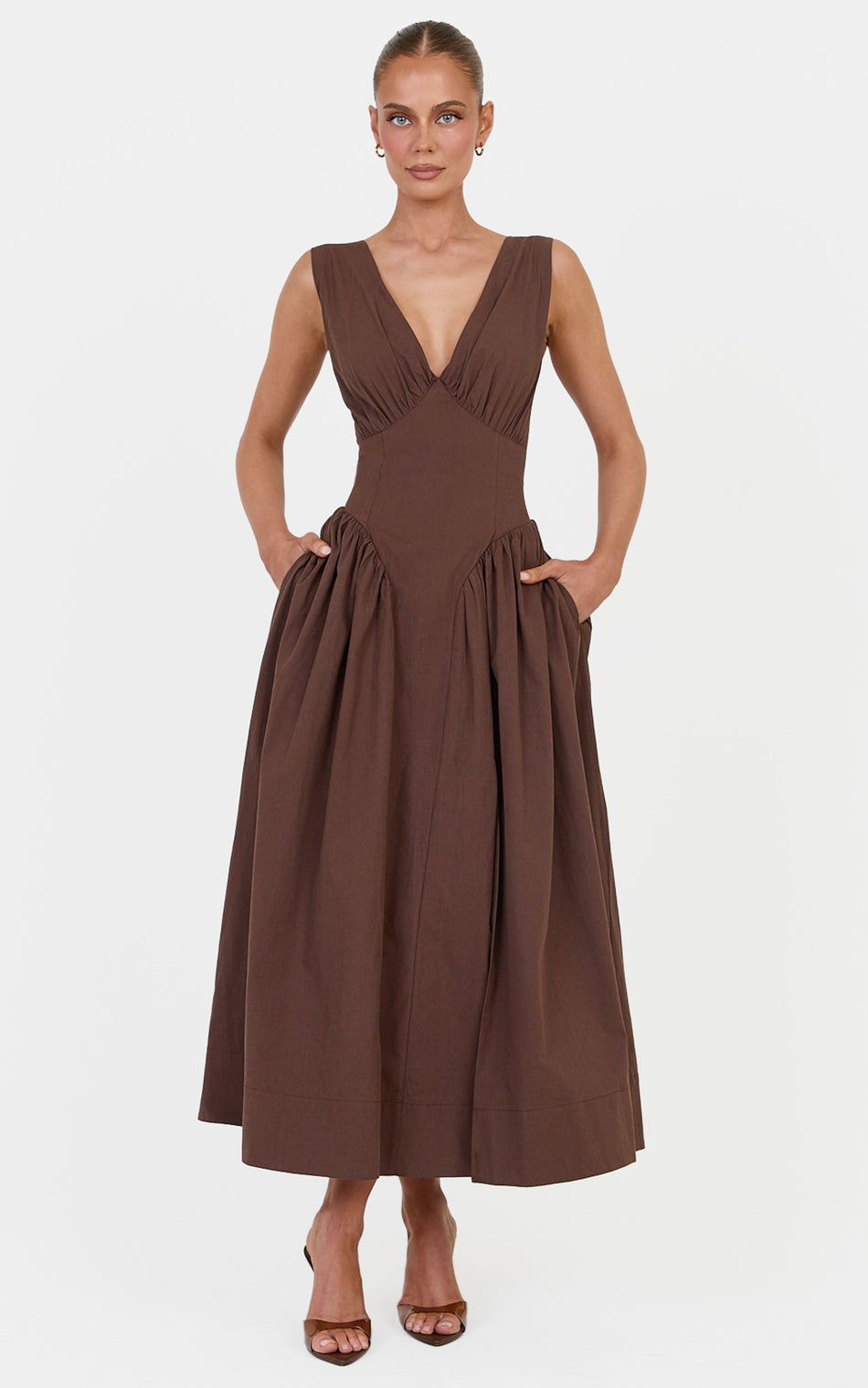 Melody Midi Dress Cotton V Neck A Line Dress in Chocolate