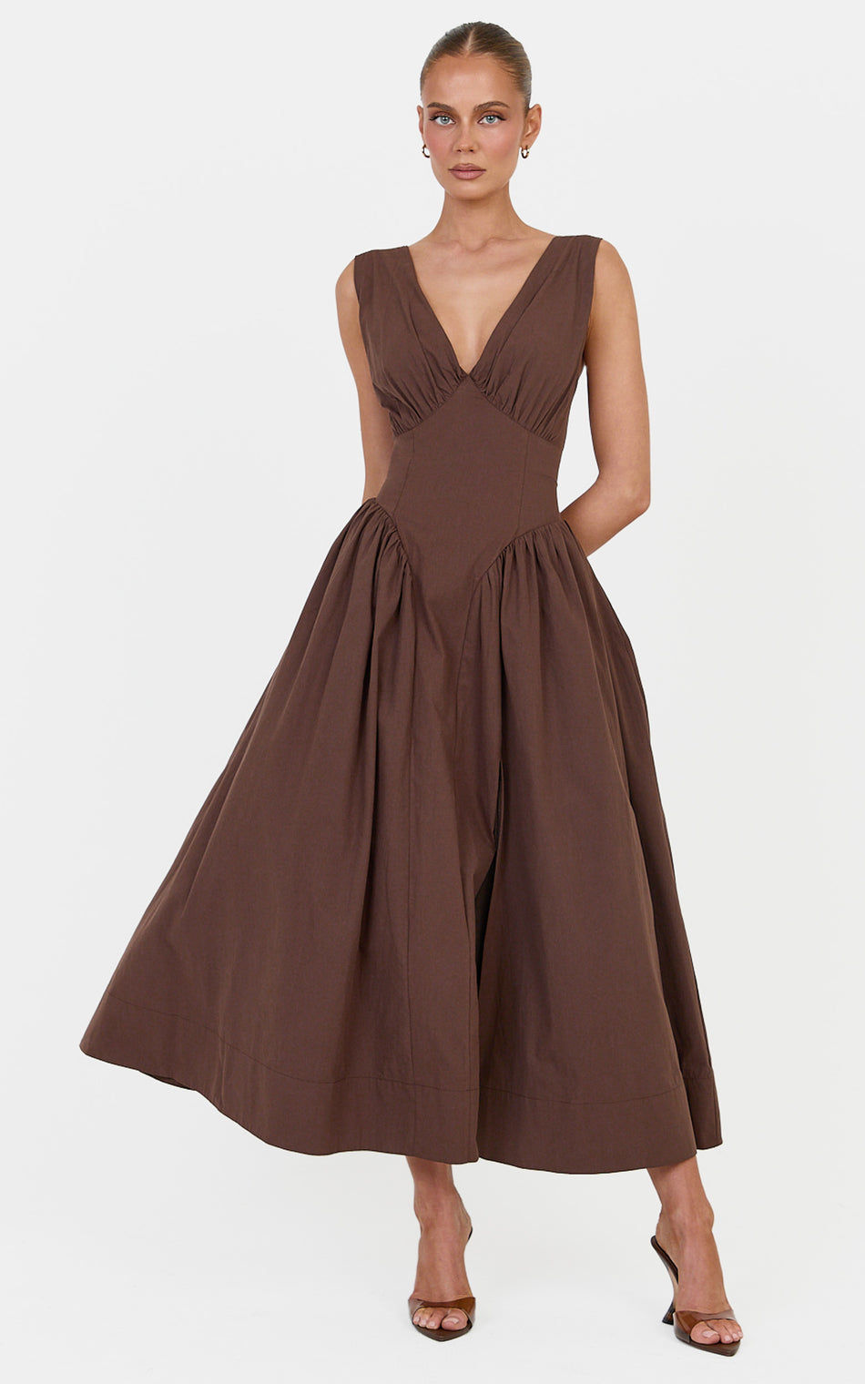 Melody Midi Dress Cotton V Neck A Line Dress in Chocolate