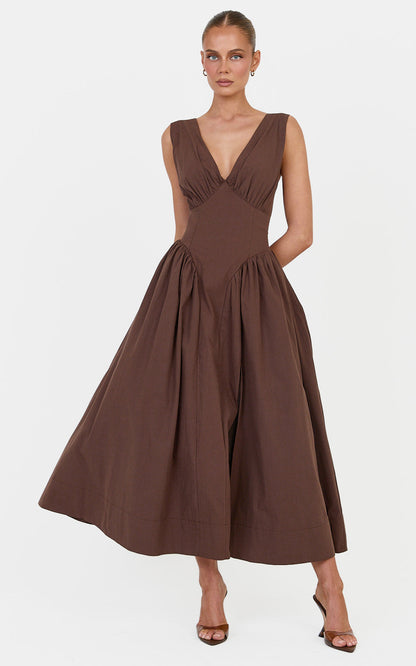 Melody Midi Dress Cotton V Neck A Line Dress in Chocolate