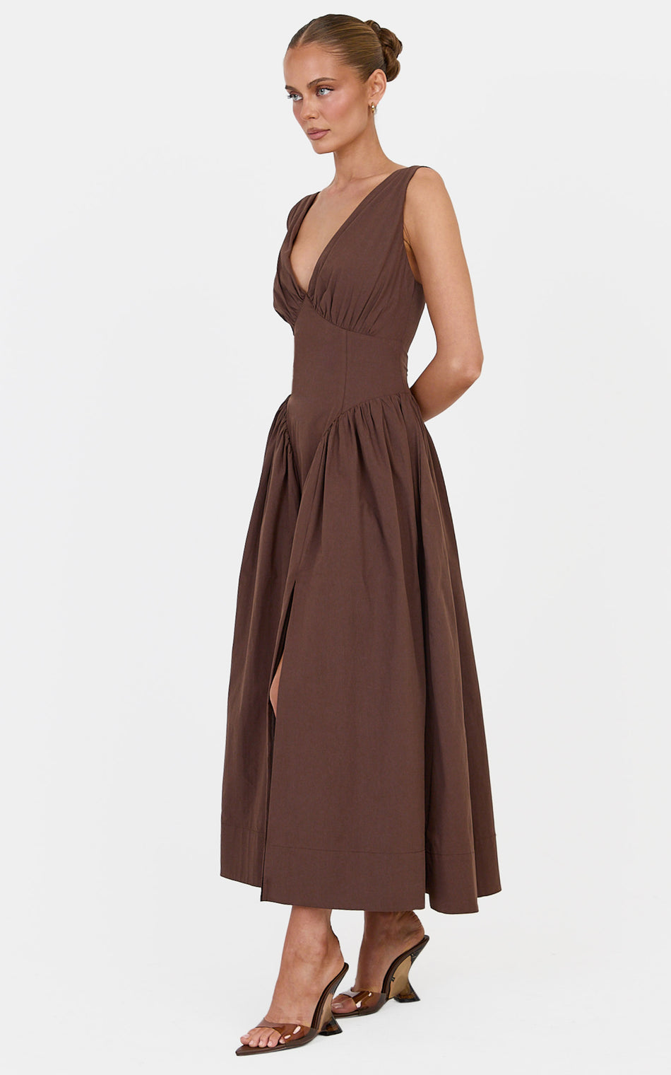 Melody Midi Dress Cotton V Neck A Line Dress in Chocolate