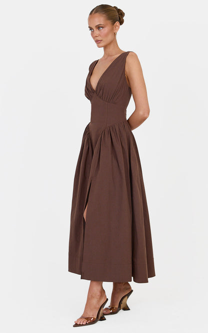 Melody Midi Dress Cotton V Neck A Line Dress in Chocolate