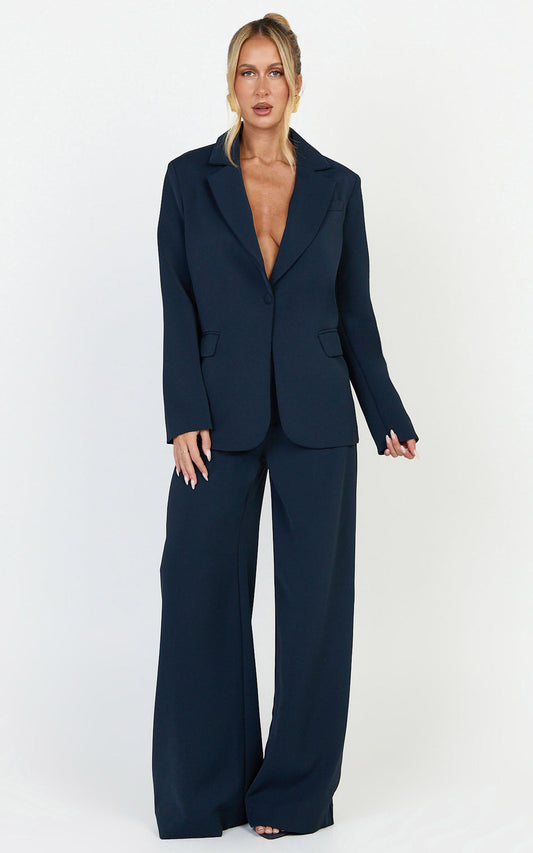 Selena Pants High Waisted Wide Leg Tailored Pants in Navy