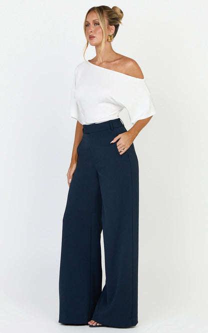 Selena Pants High Waisted Wide Leg Tailored Pants in Navy