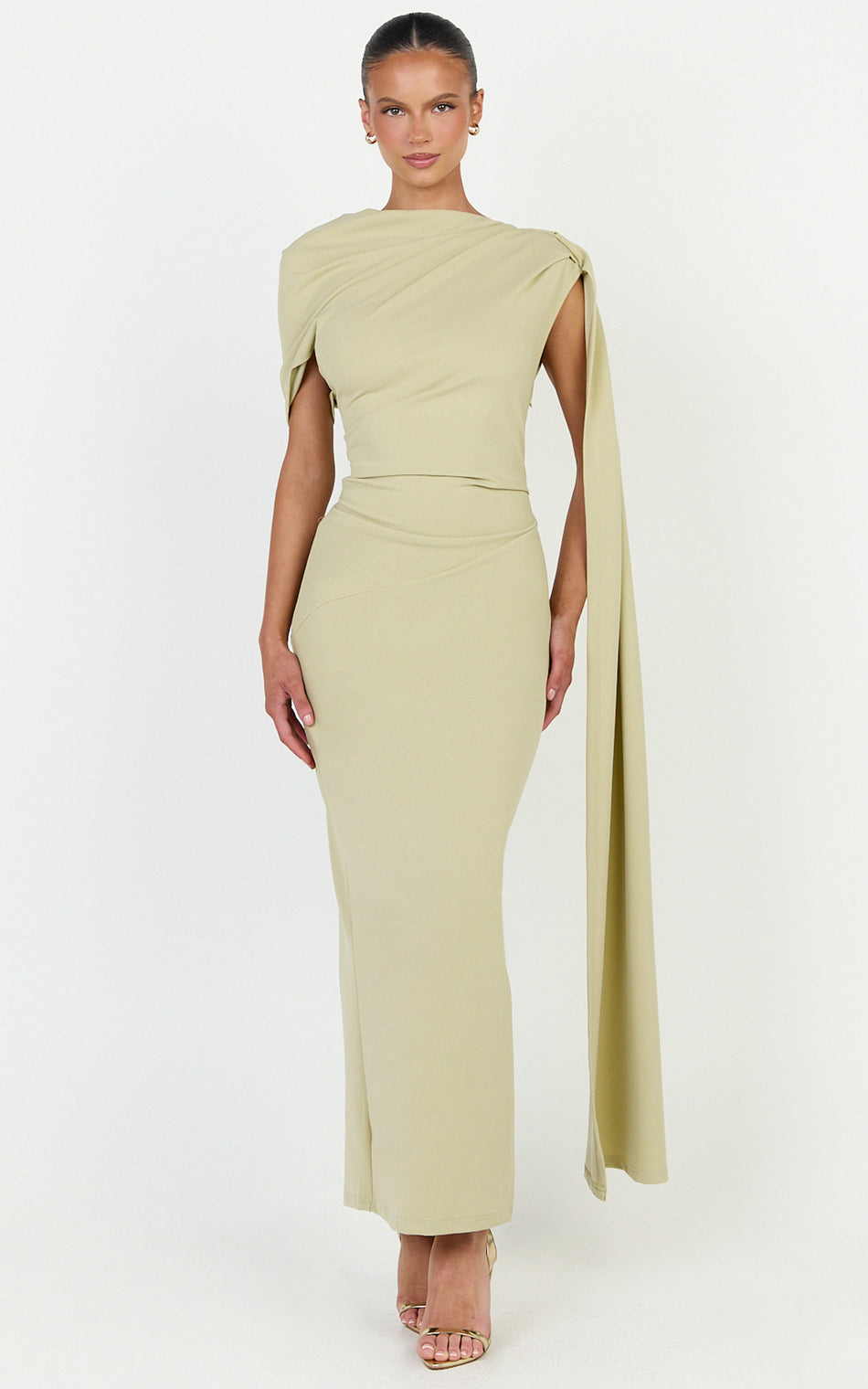Visenta Midi Dress Asymmetrical Sleeve Dress in Sage