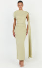 Visenta Midi Dress Asymmetrical Sleeve Dress in Sage