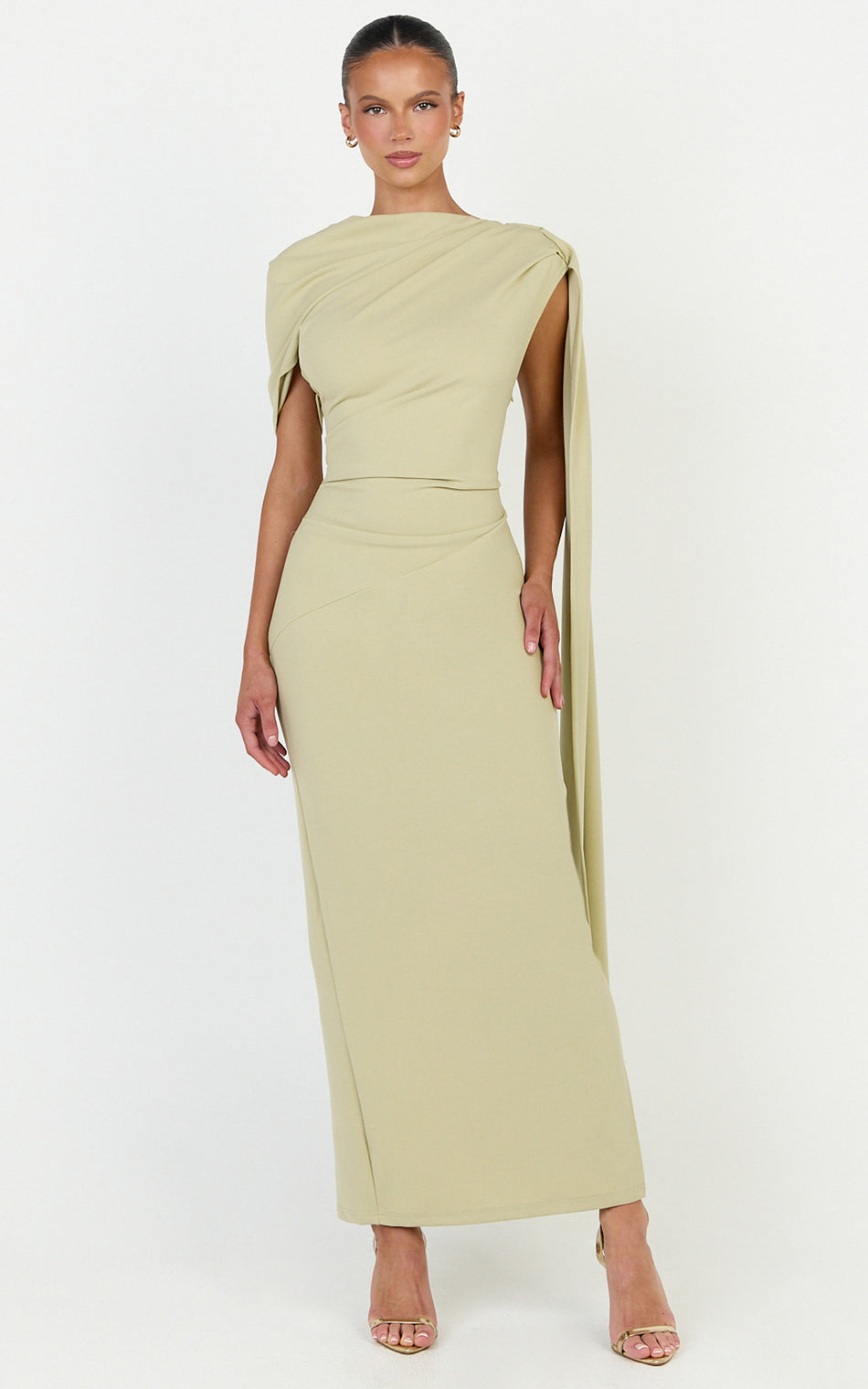 Visenta Midi Dress Asymmetrical Sleeve Dress in Sage