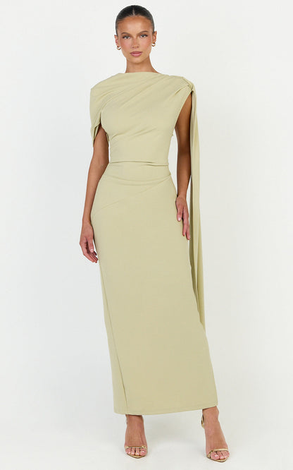Visenta Midi Dress Asymmetrical Sleeve Dress in Sage