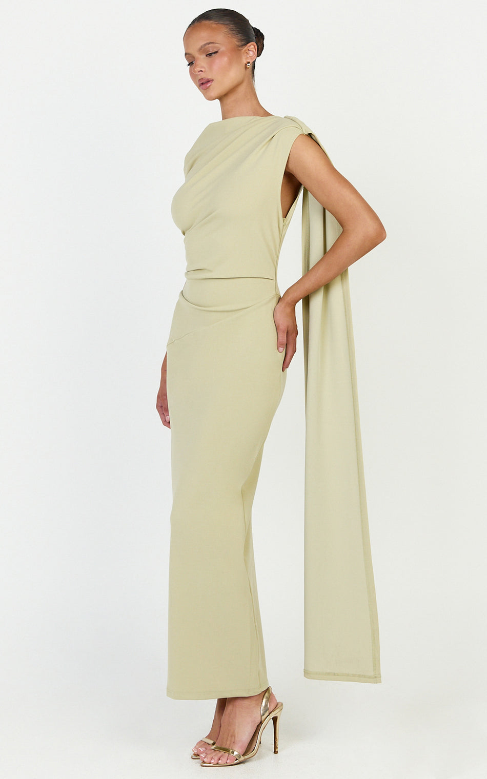 Visenta Midi Dress Asymmetrical Sleeve Dress in Sage