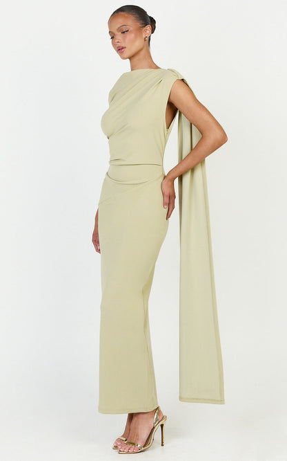 Visenta Midi Dress Asymmetrical Sleeve Dress in Sage