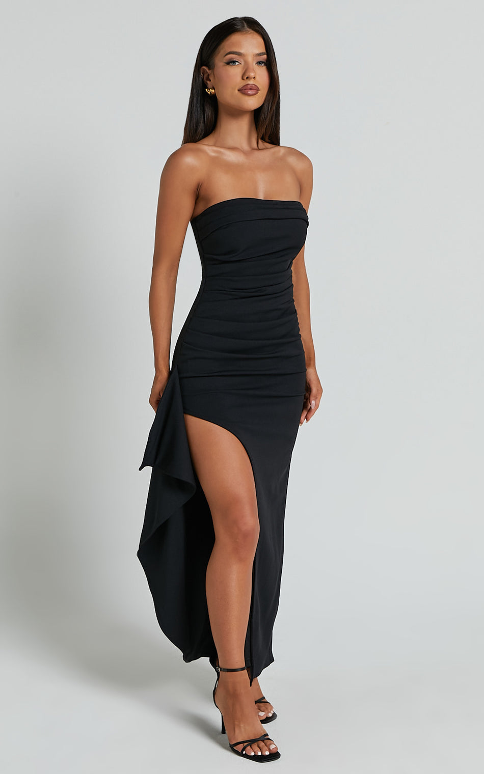 Andrea Midi Dress Strapless Ruffle Dress in Black