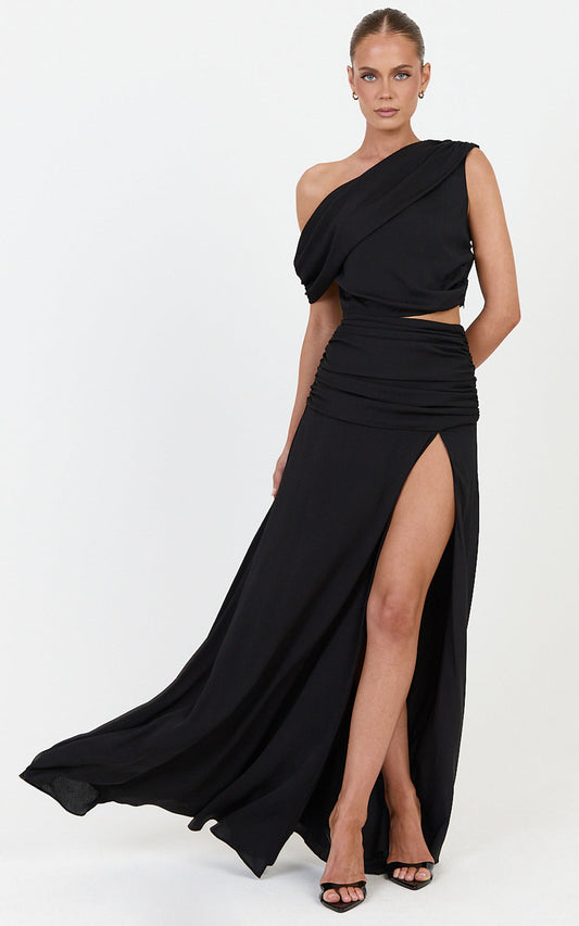 Ayla Two Piece Set Draped Off Shoulder Top And Maxi Skirt Set in Black