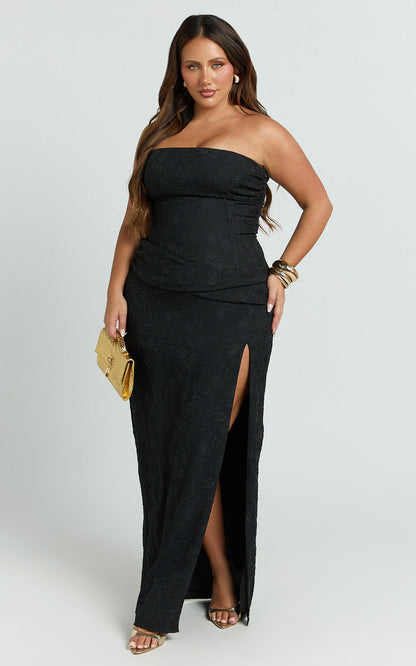 Berri Maxi Dress Strapless Jacquard High Split Dress in Black