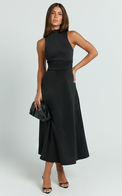 Macy Midi Dress High Neck A Line Dress in Black