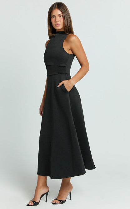 Macy Midi Dress High Neck A Line Dress in Black
