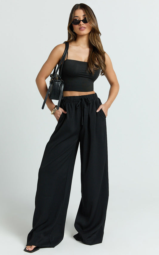 Nicole Pants High Waist Elasticated Gathered Waist Wide Leg Pants in Black