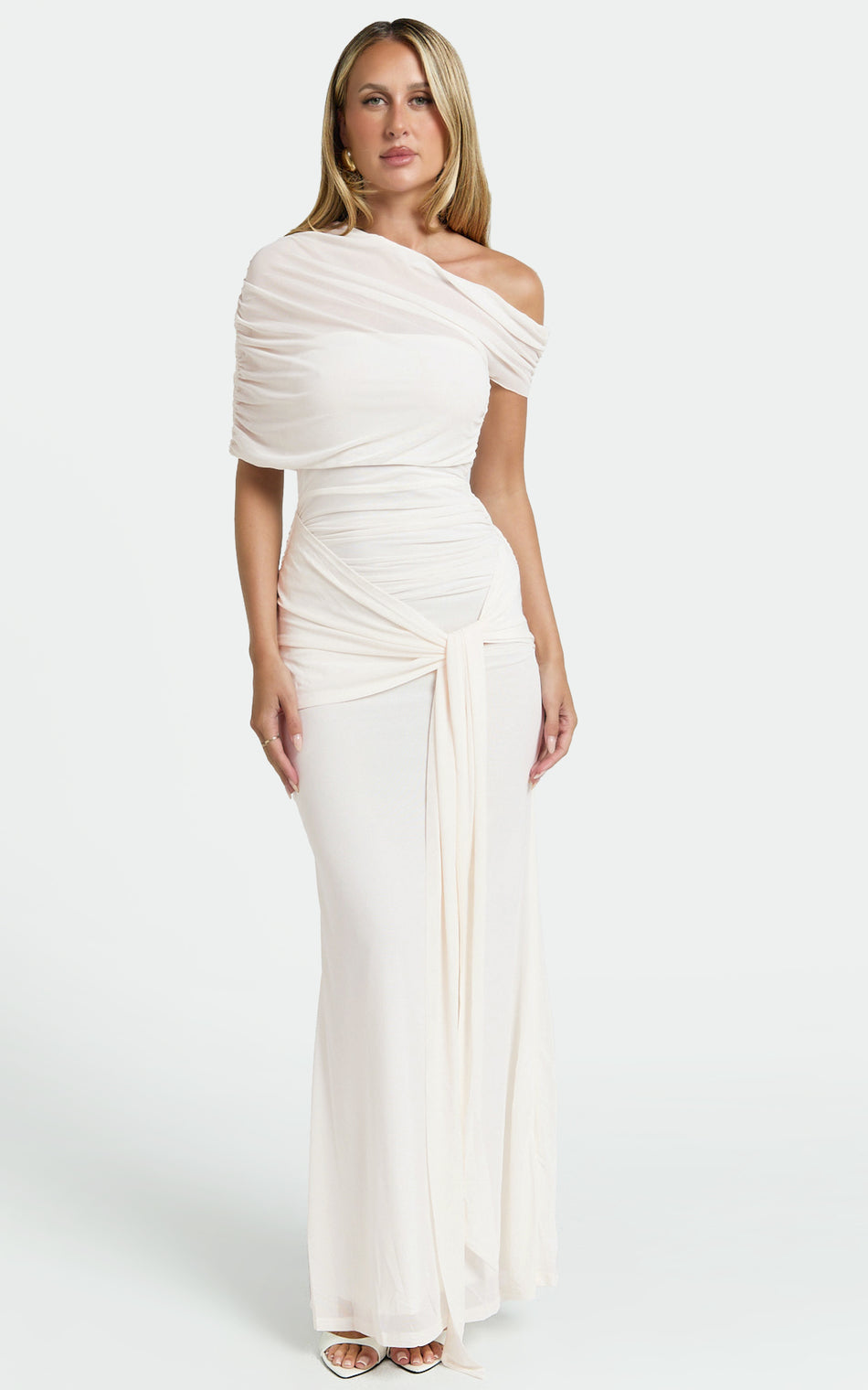 Nicolette Maxi Dress Cape Sleeve Off Shoulder Dress in Cream