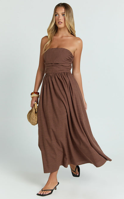 Polly Midi Dress Strapless Ruched Dress in Chocolate