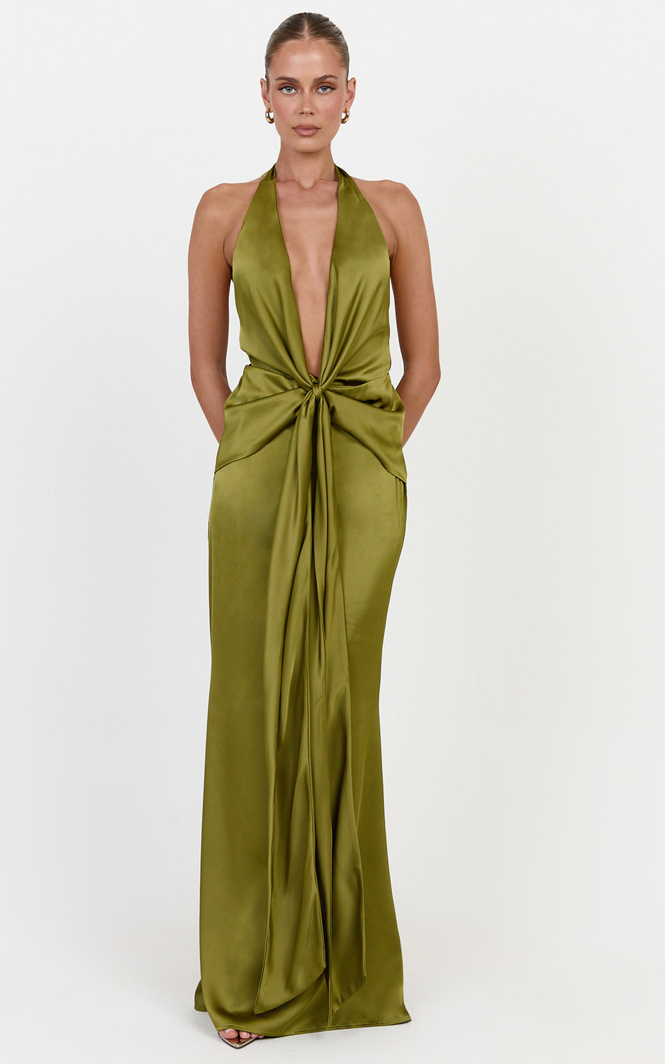 Raven Maxi Dress Deep V Neck Tie Front Satin Dress in Olive