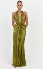 Raven Maxi Dress Deep V Neck Tie Front Satin Dress in Olive