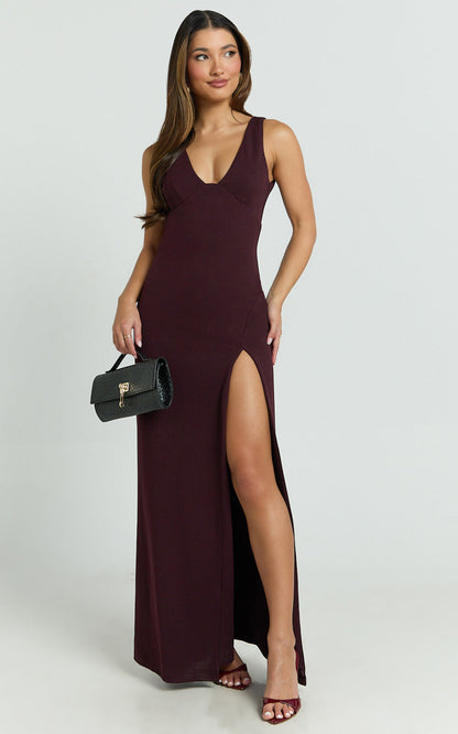 Raya Maxi Dress Deep V Neck Low Back Bodycon Dress in Wine