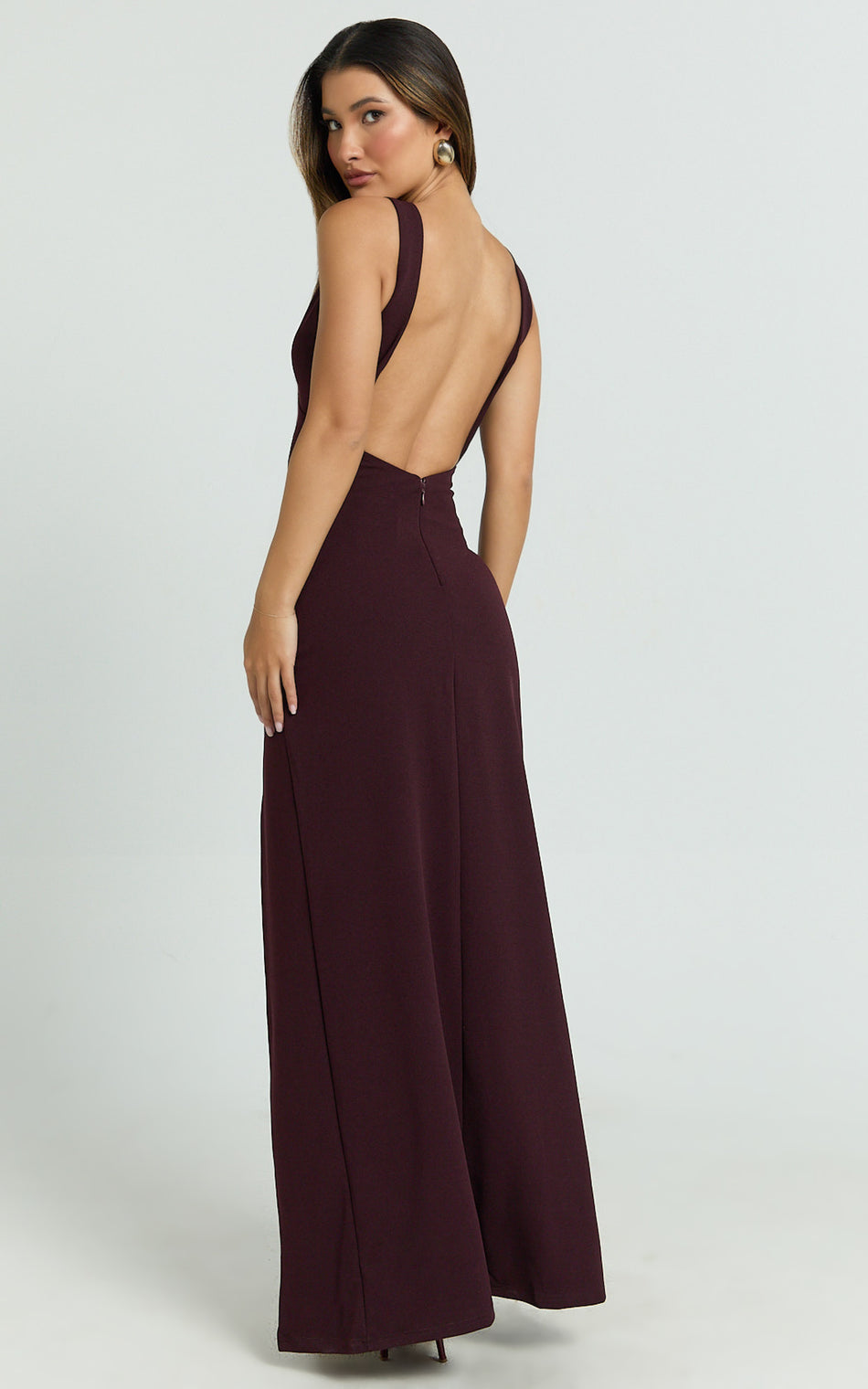 Raya Maxi Dress Deep V Neck Low Back Bodycon Dress in Wine