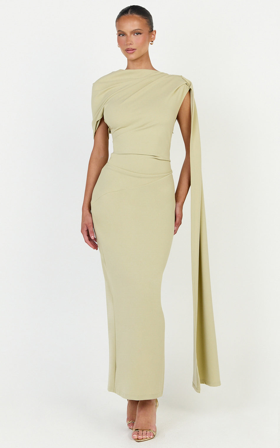 Visenta Midi Dress Asymmetrical Sleeve Dress in Sage