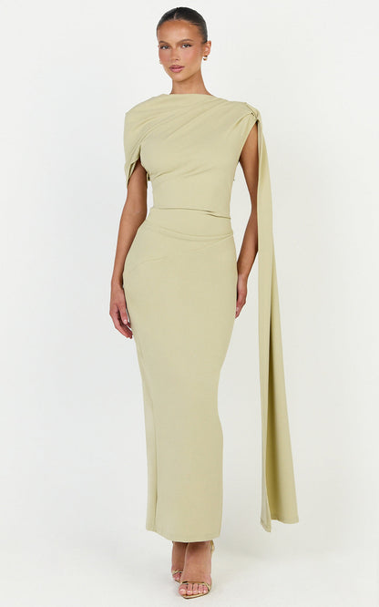 Visenta Midi Dress Asymmetrical Sleeve Dress in Sage