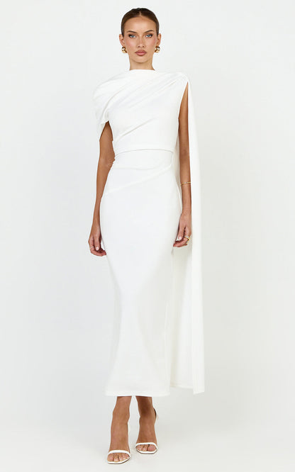 Visenta Midi Dress Asymmetrical Sleeve Dress in White